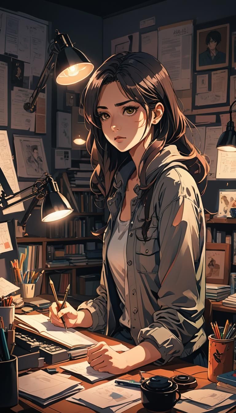 Anime Art of a Writer at Her Desk
