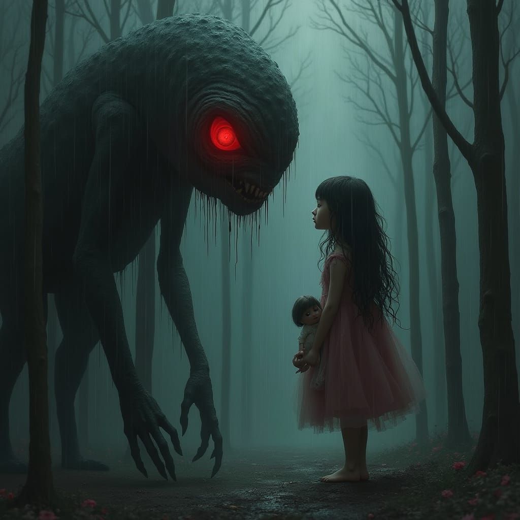 Red Eyed Creature in Heavy Rain with Girl