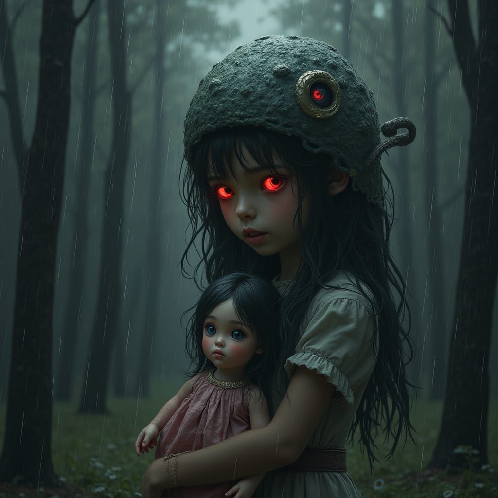 Red Eyed Creature in Heavy Rain With Girl and Doll