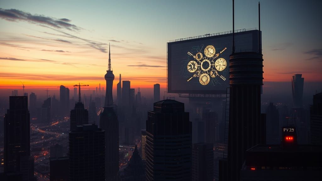 Dystopian Cityscape Under Ominous Telescreen