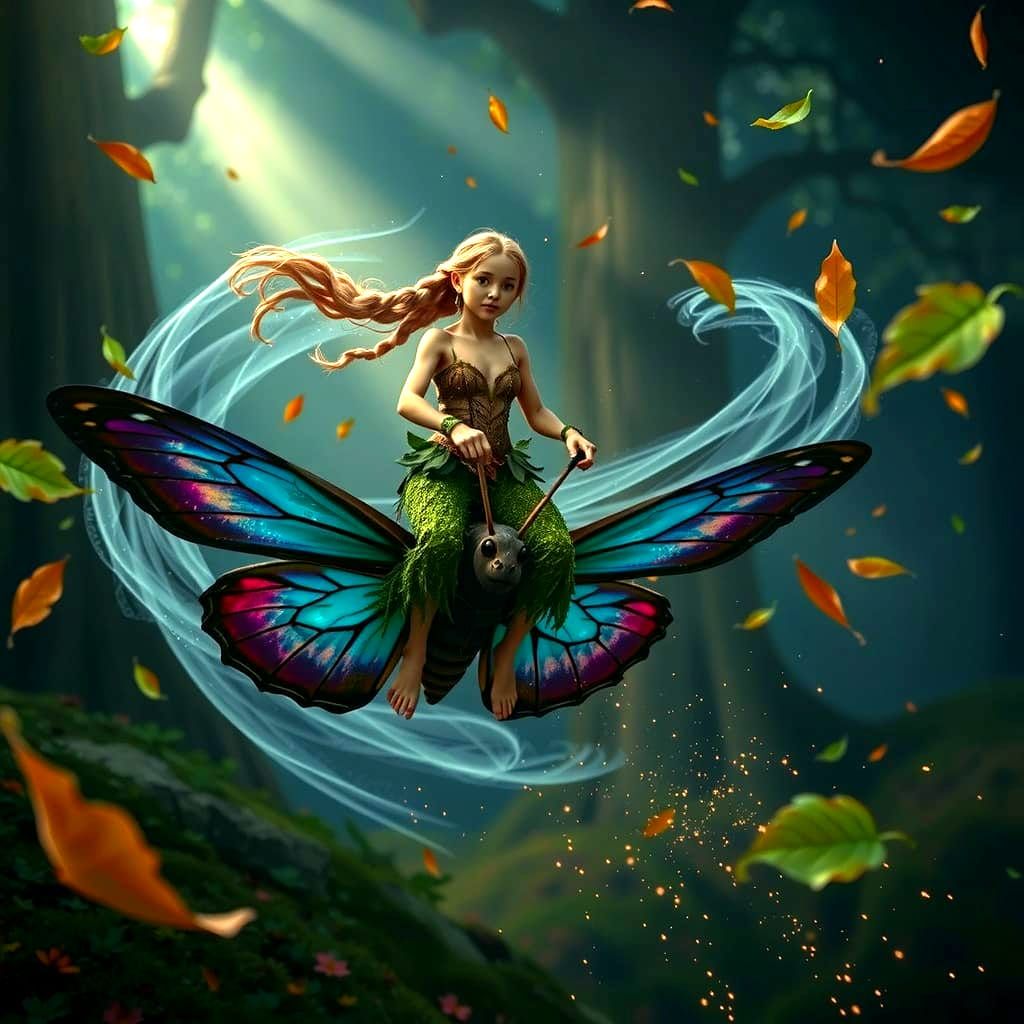 Sprite Rides Butterfly Through Fantasy Forest