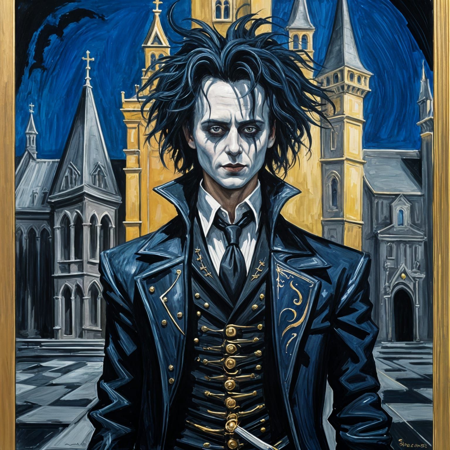 Gothic Edward Scissorhands Gouache-Style Painting