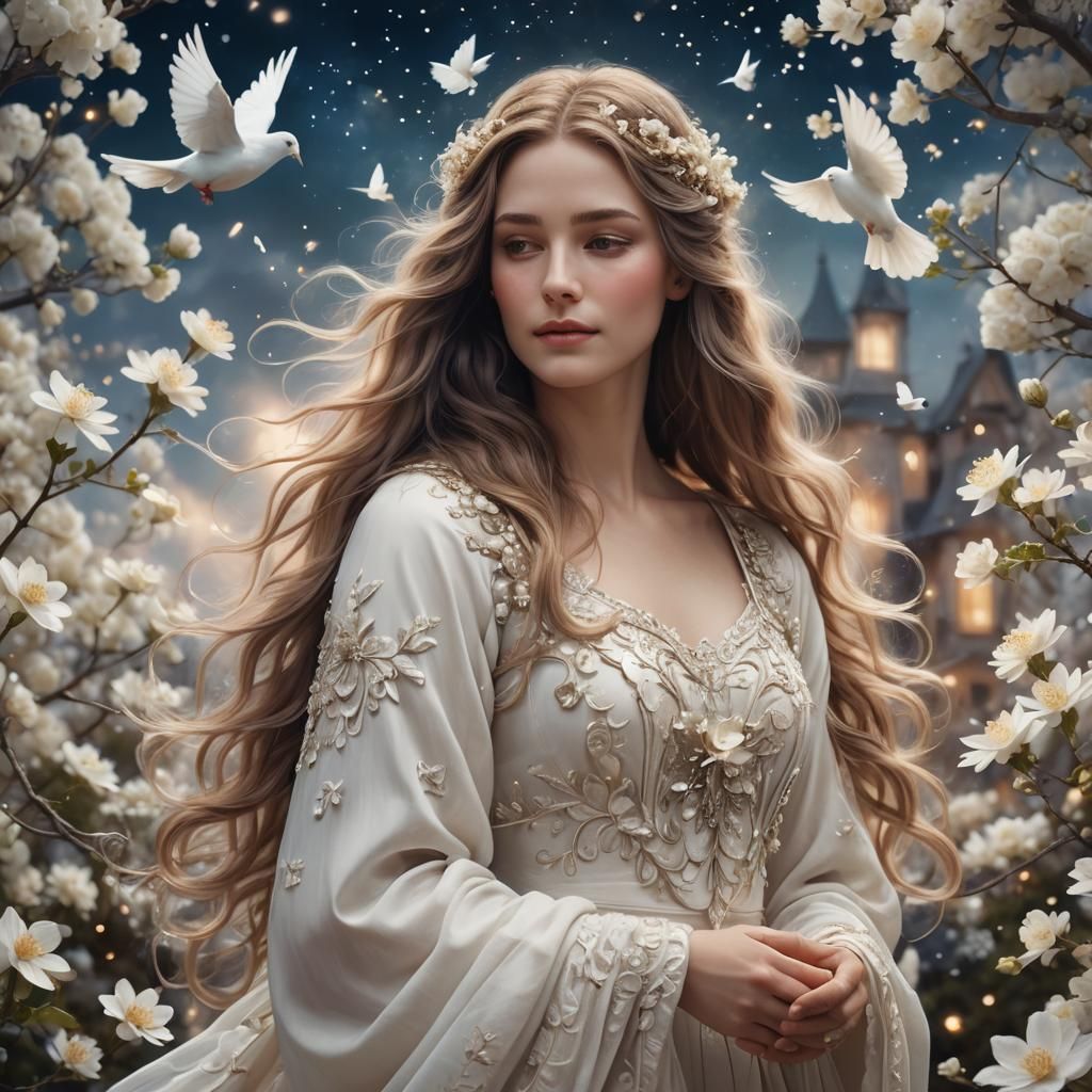 Ethereal Being Surrounded by Flowers: Digital Art