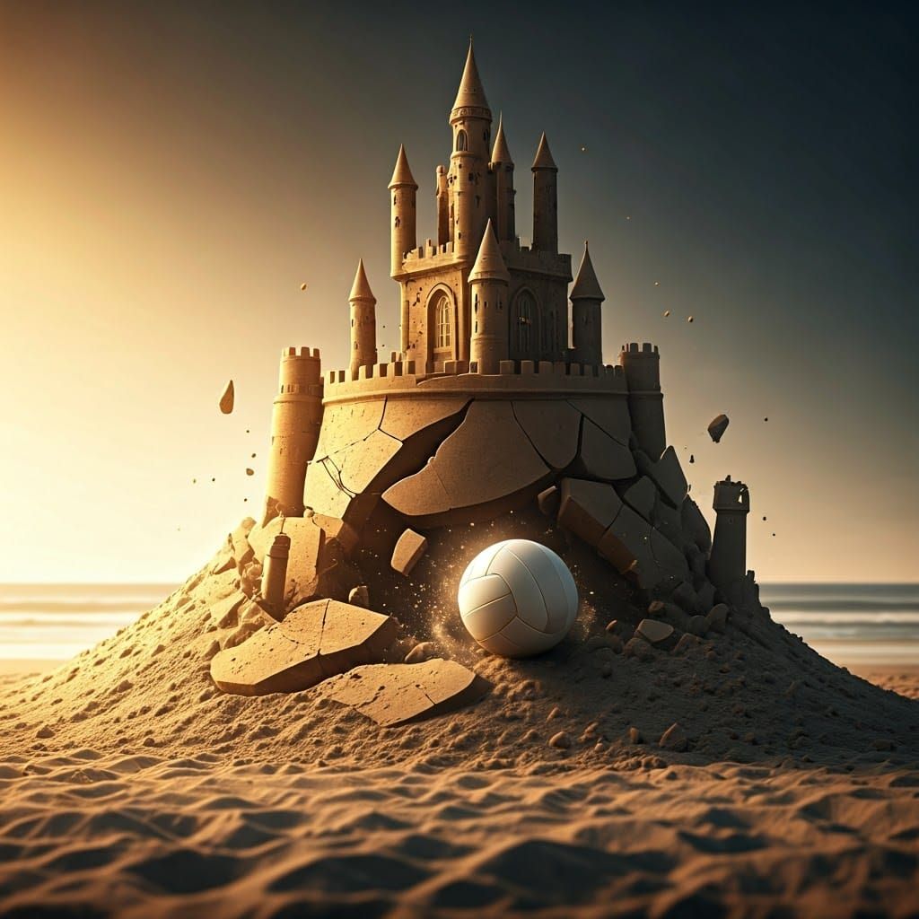 Sandcastle Ruins at Sunset: Hyperrealistic Beach Volleyball ...