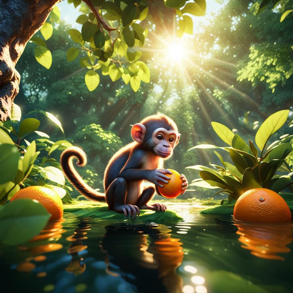 Baby Monkey in Lush Forest: 3D Digital Art
