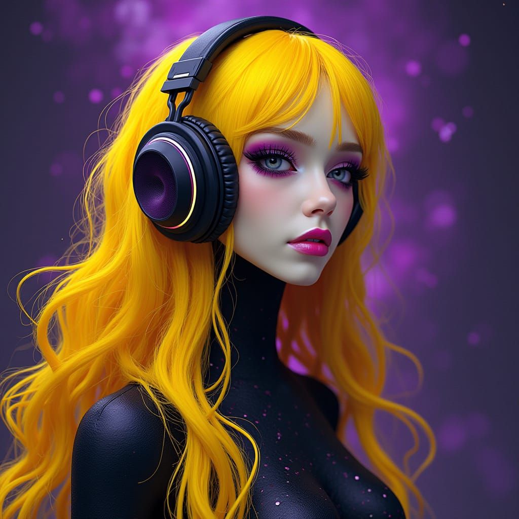 Elegant Sci-Fi Humanoid in Vibrant Yellow Hair and Bold Make...