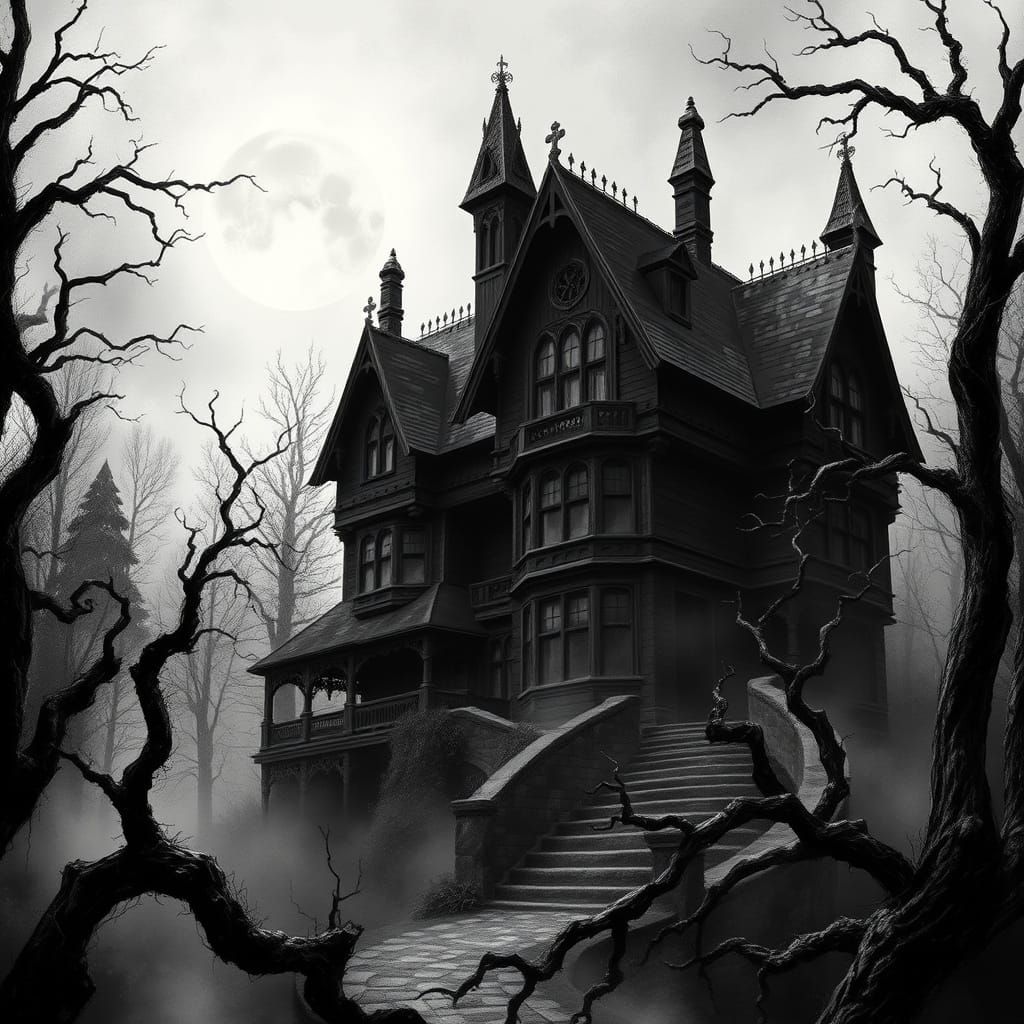 Mysterious Black and White Manor at Twilight