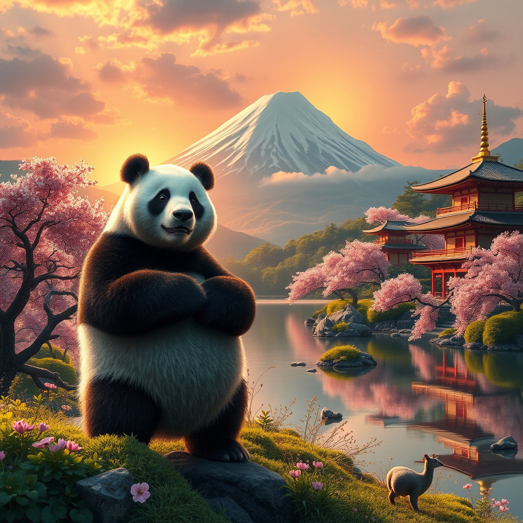 Panda in Japanese Landscape with Mount Fuji