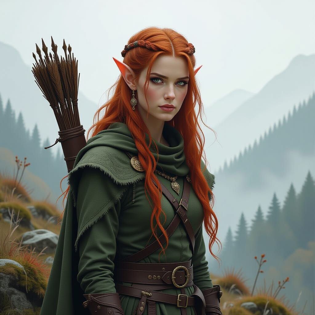 Stoic Elf Guardian in Misty Magarian Hills - Fantasy Art