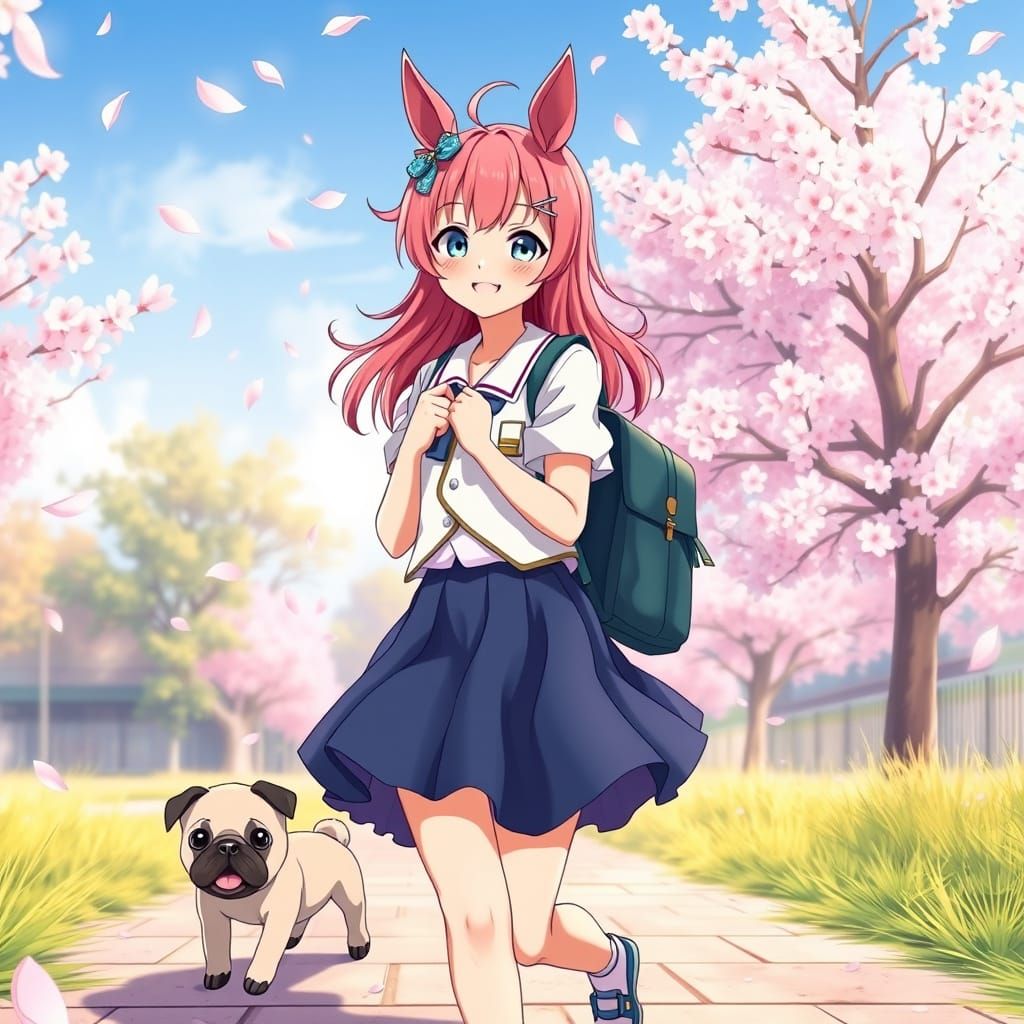 Sweet Schoolgirl with Pink Hair and Horse Ears Walks to Scho...