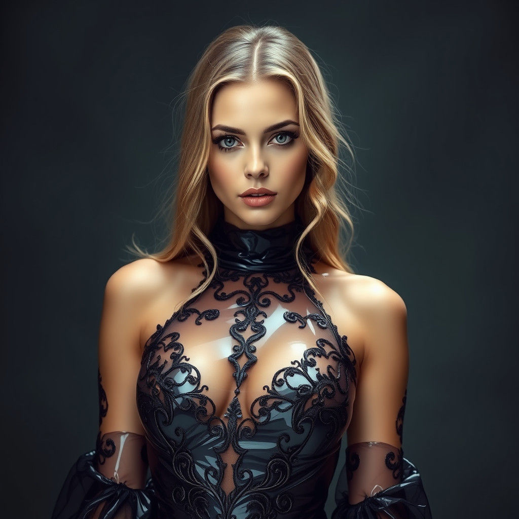 Hyperrealistic Woman in PVC Dress Stares Intently
