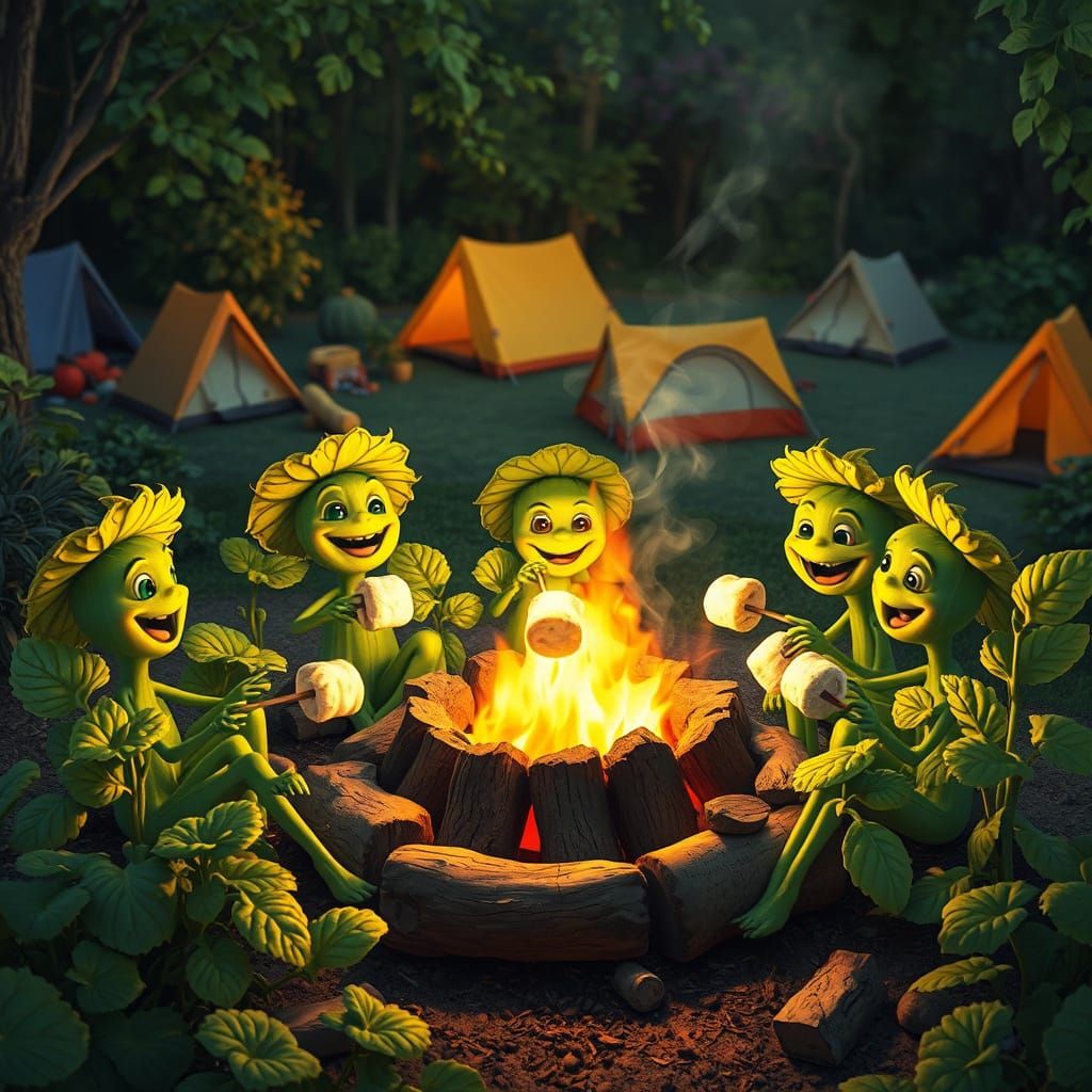 Garden Plants Roast S'mores by Campfire in Whimsical Gatheri...