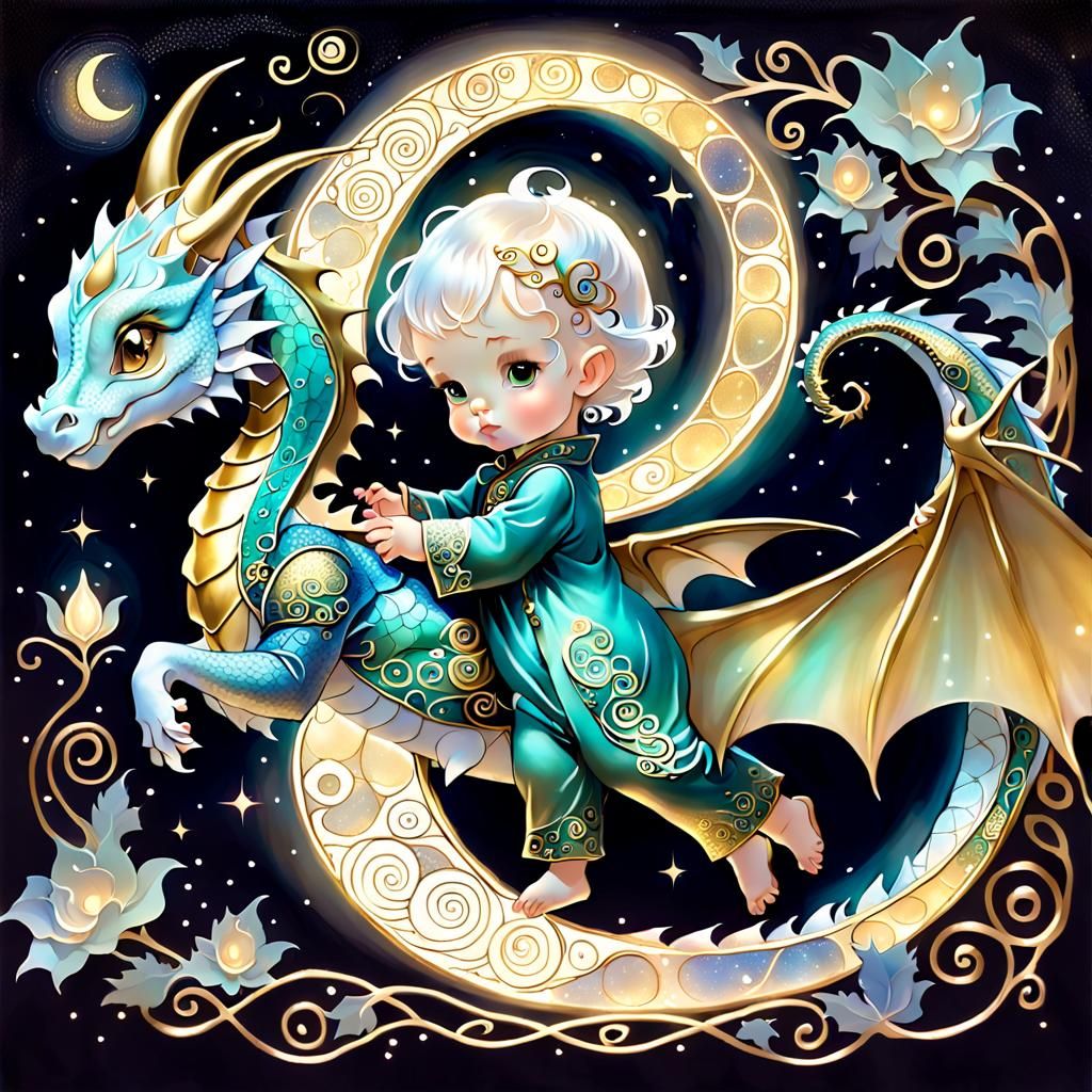 Toddler with Ethereal Dragon in Art Nouveau Style
