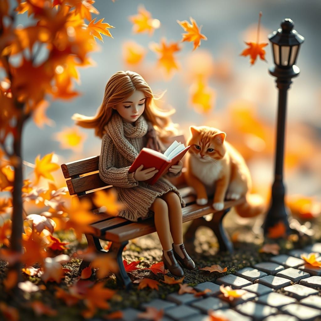 Autumn Breeze Diorama with Woman, Cat, and Leaves