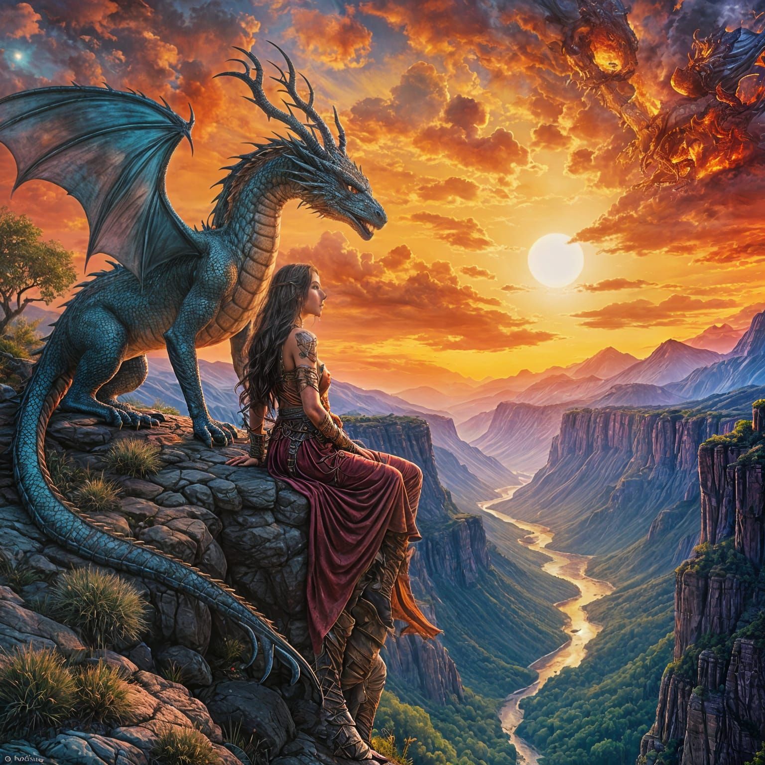 Ethereal Sunset Scene with Warrior and Dragon
