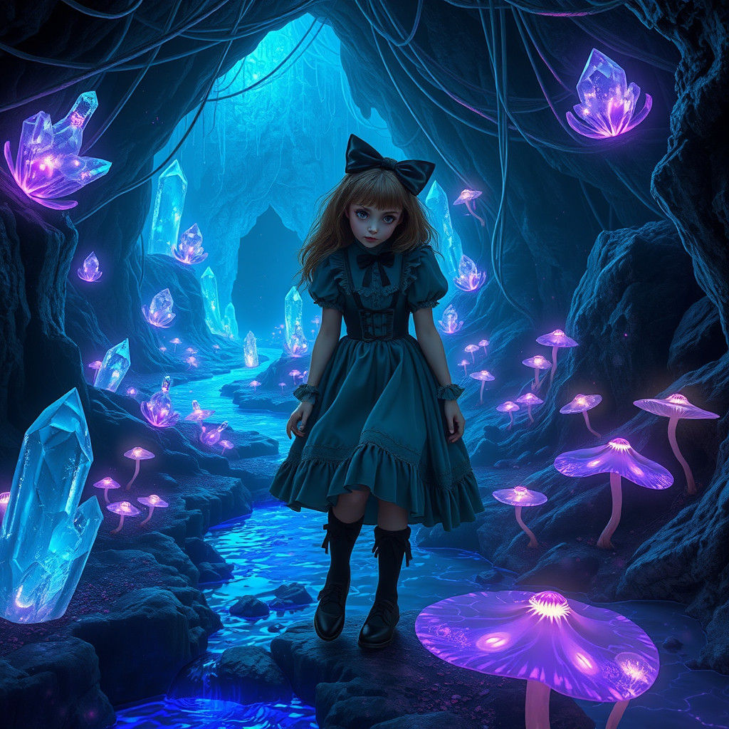 Enchanted Cavern Exploration in Dark Fantasy Style