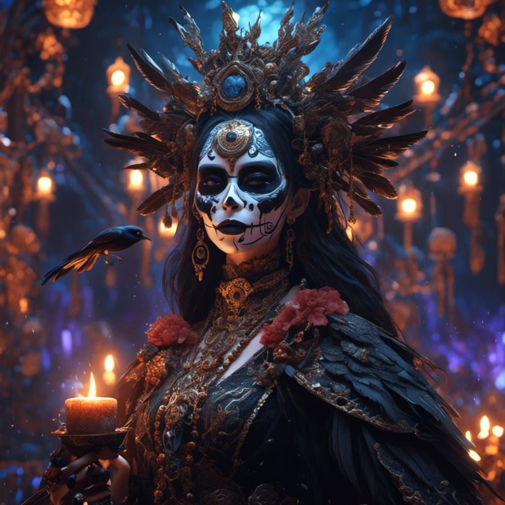 Hyperreal Sugar Skull Voodoo Priestess with Ravens