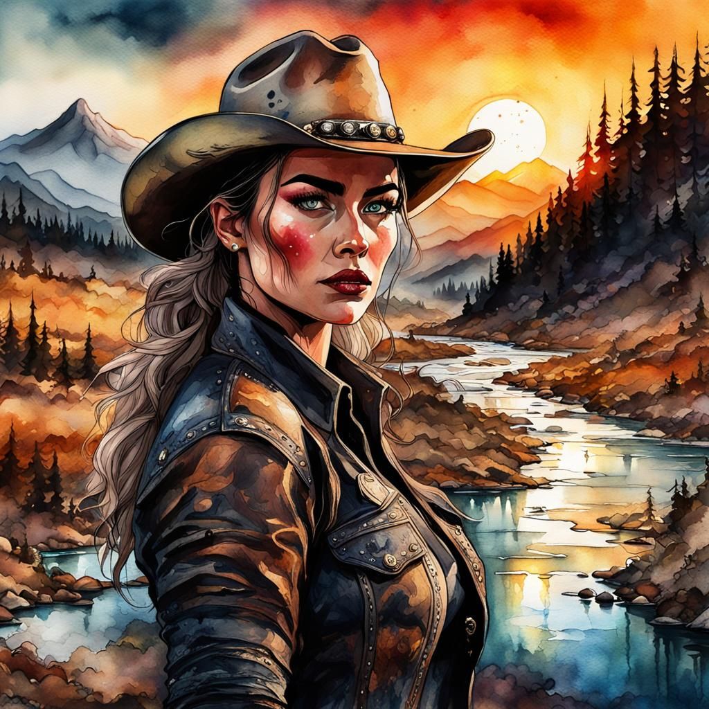 Cowgirl in Dark Fantasy Watercolor Landscape