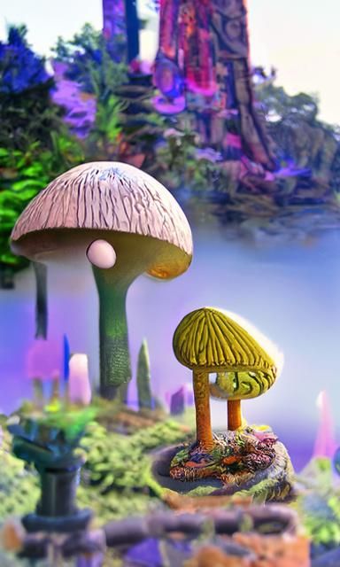 Glowing Neon Mushroom Garden Landscape in Woodblock Print St...
