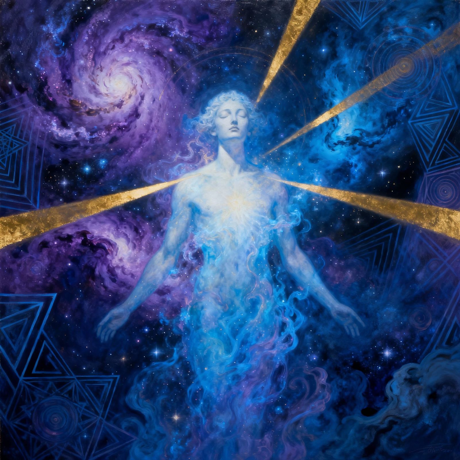 Cosmic Figure Dissolving into Ethereal Light