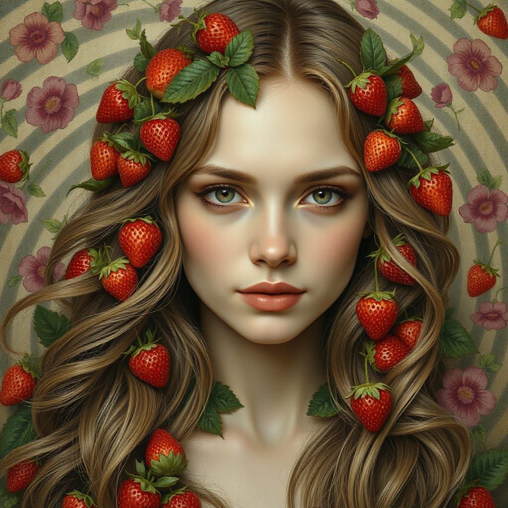 Woman with Wild Strawberries in Hair, Art Nouveau Style