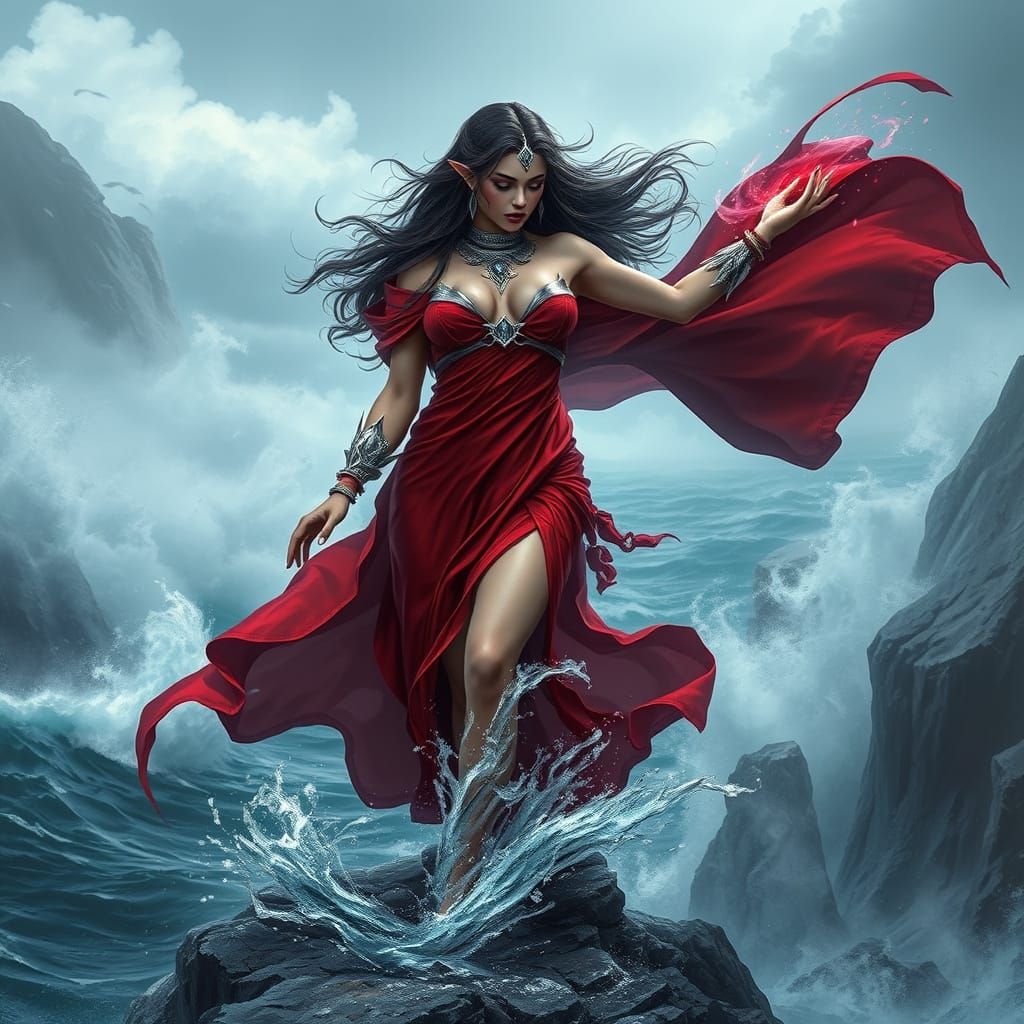 Crimson Robed Sorceress on Windswept Cliff