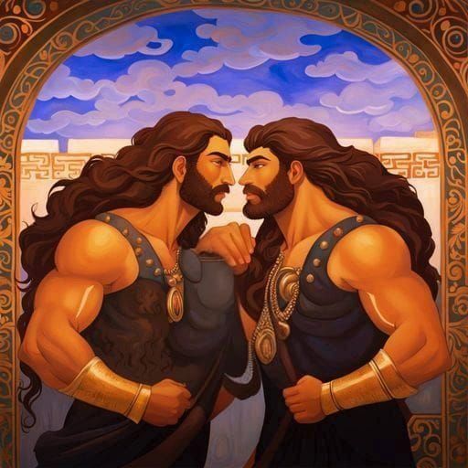 Minoan Men Embrace: Ghibli-Style Passion