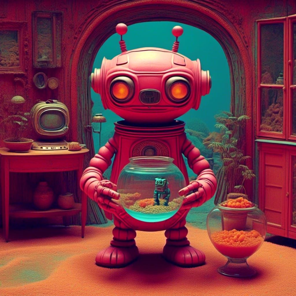 Cute Robot with Fishbowl in Pink Room