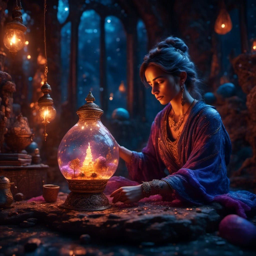 Captured Magic Genie in Aladdin's Lamp