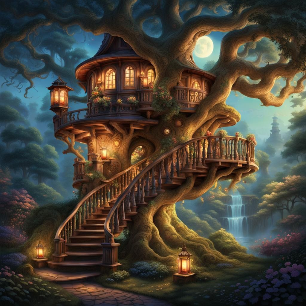 Enchanted Treehouse with Ethereal Glow in Whimsical Style