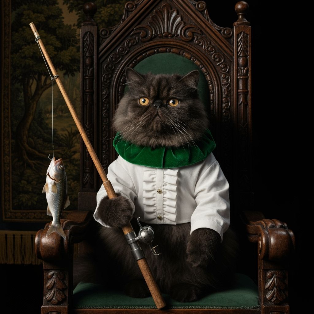 Cat in Shakespearean Garb with Fishing Rod