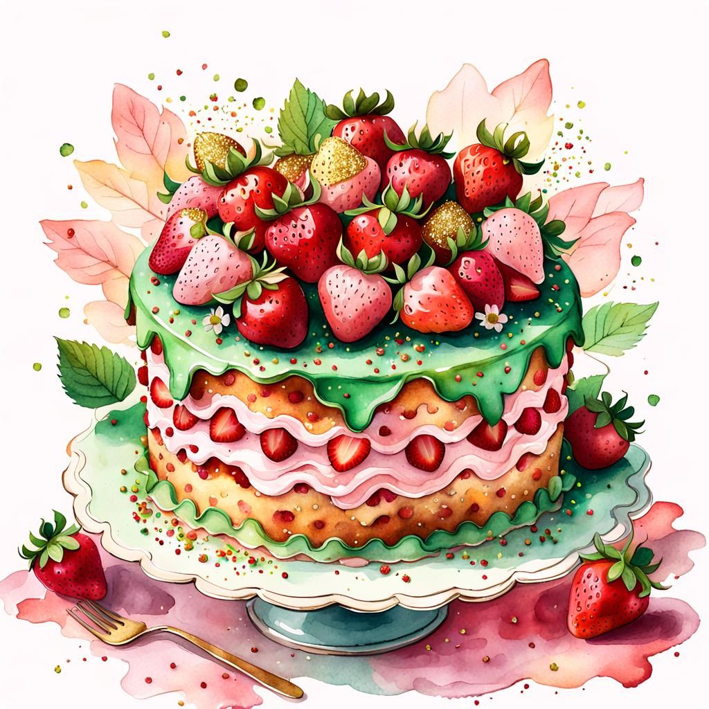 Strawberry Cake Illustration in Digital Watercolor Style