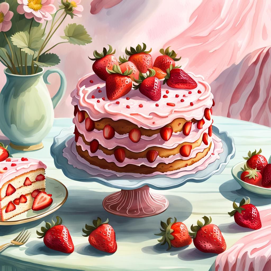 Strawberry Cake Illustration in Watercolor Pastel Style