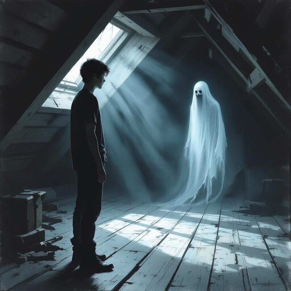 Gothic Horror Attic Scene: Ghostly Figure Approaches