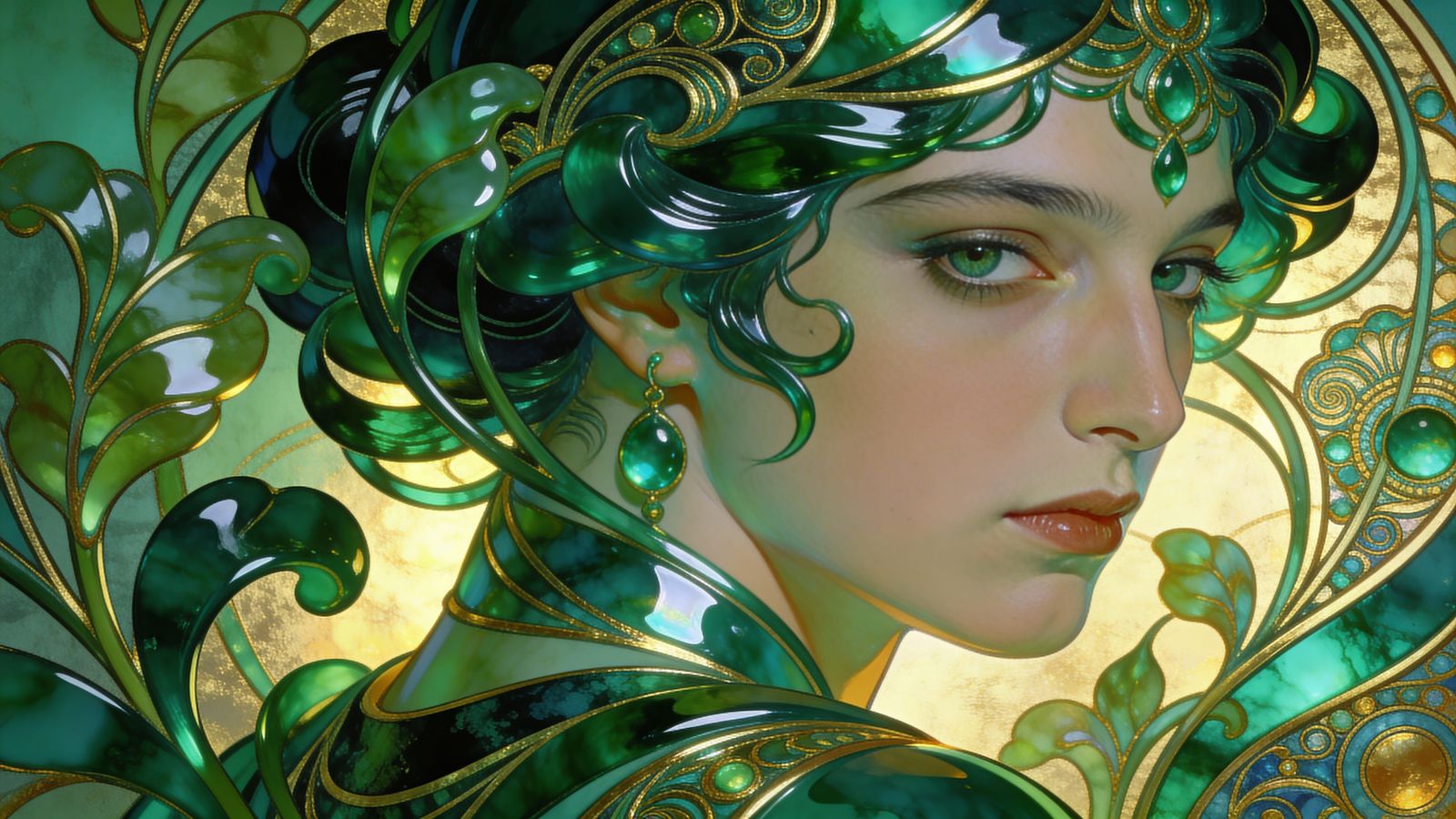 Art Nouveau Portrait in Shades of Green