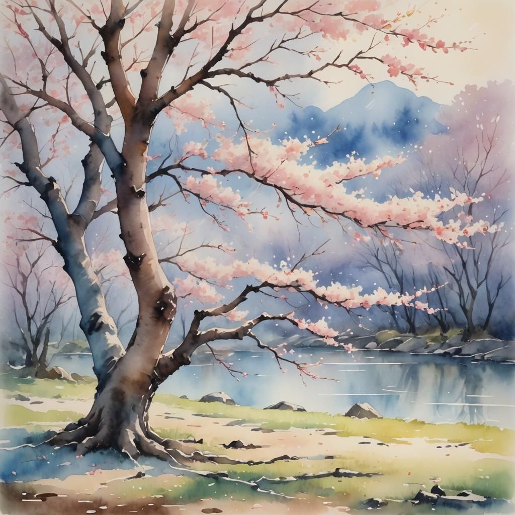 Sakura Tree in Japanese Watercolor Landscape