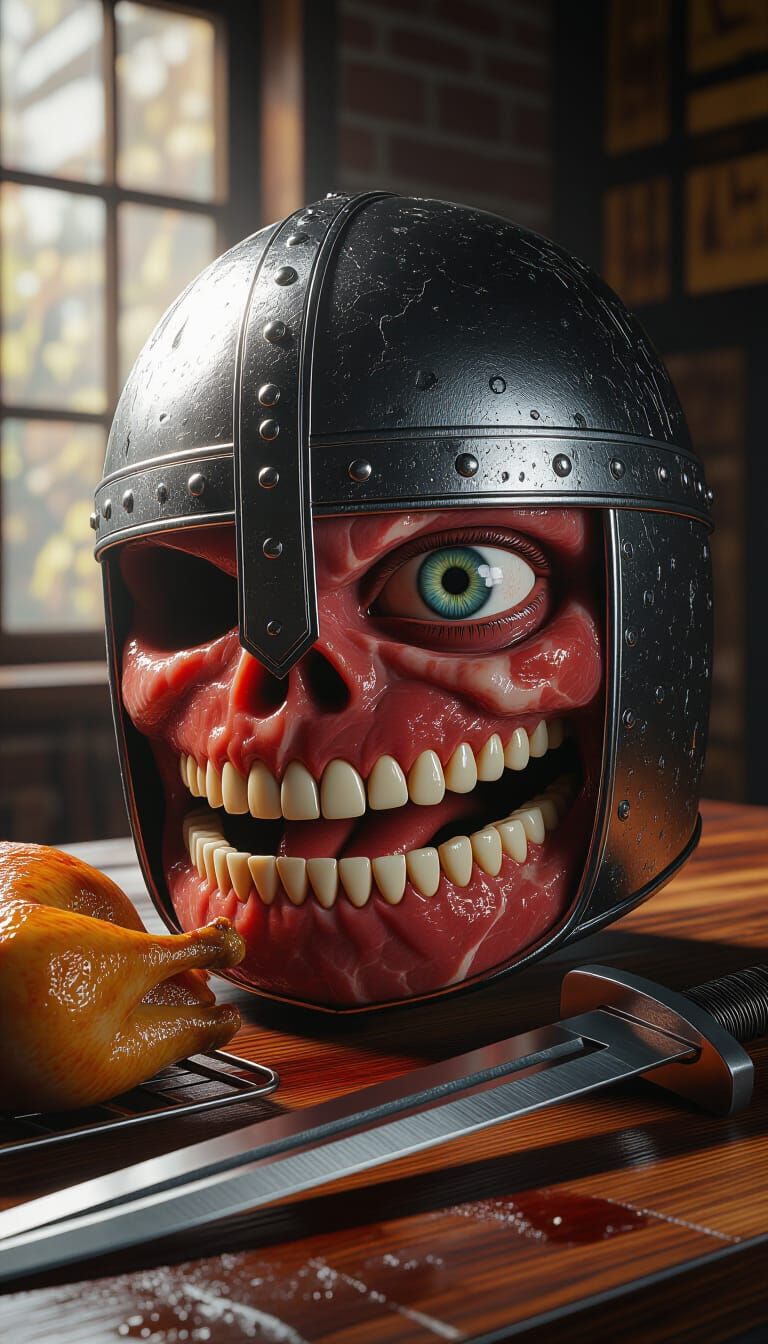 Grotesque Meat Helmet with Eye, Tooth Mouth, Sword, and Chic...