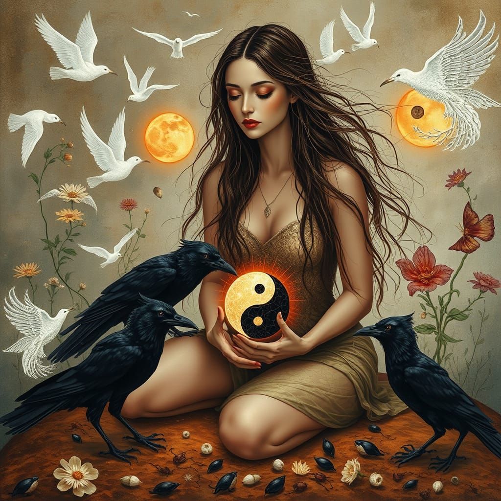 Woman Gathering Shards in Surreal Bio-Art Collage