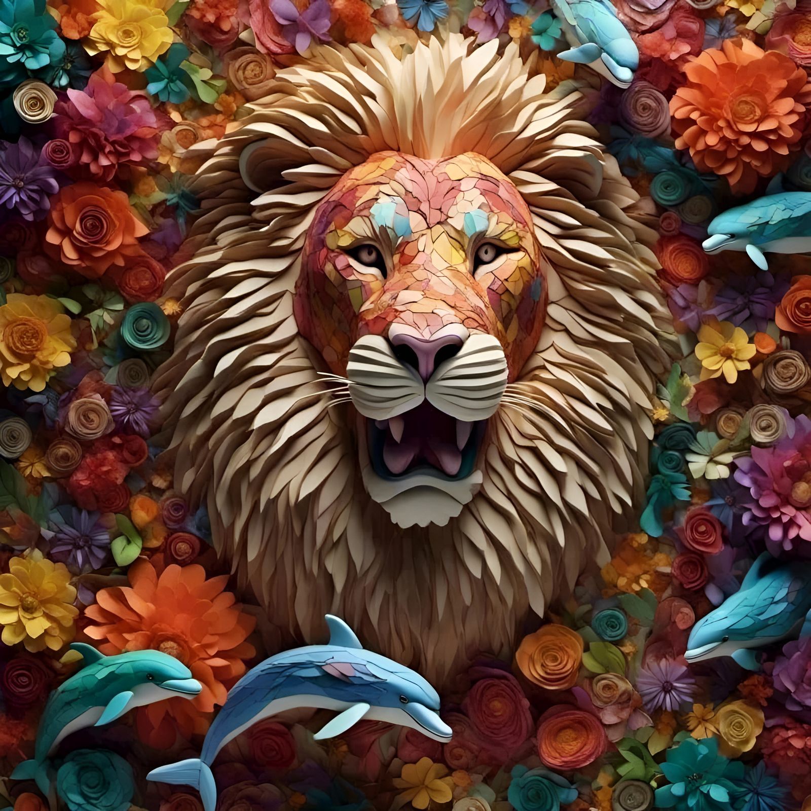 Lion and Dolphins - 3D bas-relief paper sculpture