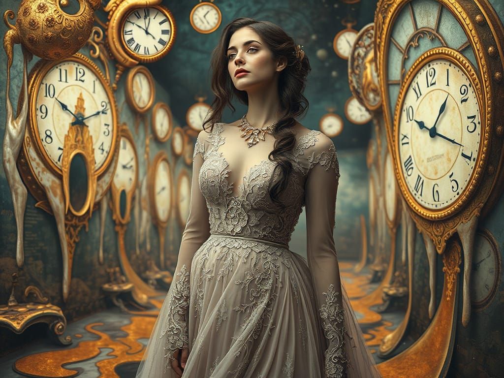 Dreamlike Surrealist Goddess in Melting Clockscape