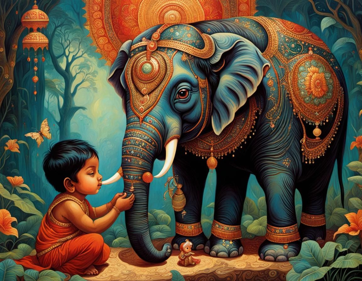 Indian Child's Toy Elephant: Acrylic Painting