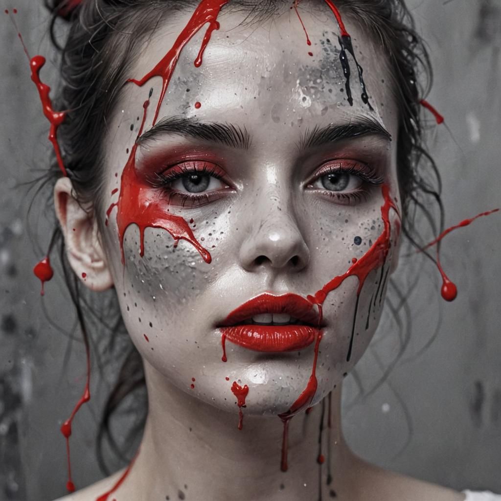 Dramatic Abstract Portrait with Red Paint Splashes
