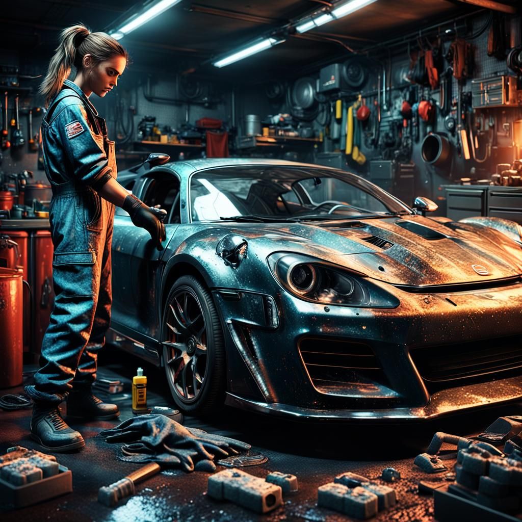 Mechanic in Intense Garage Session, Cinematic 3D Game Art