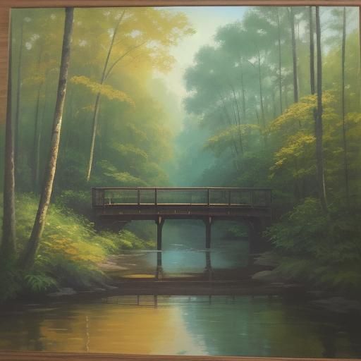 Tranquil River Scene: Wooden Bridge in Impressionist Oil Pai...