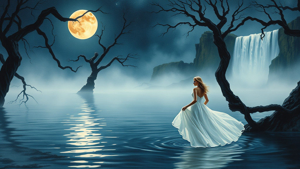 Mystical Woman in Moonlit Lake, Watercolor Impasto