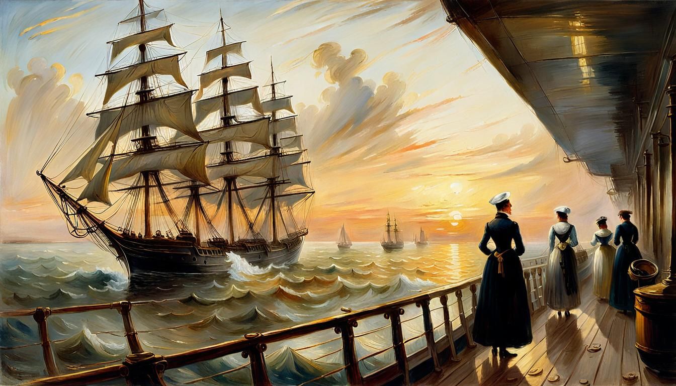 Women on a Frigate Gaze Towards a Serene Sunset Horizon