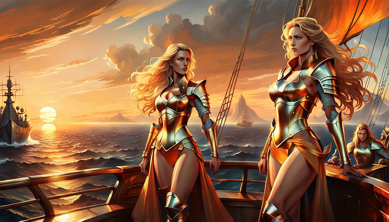 Classical Digital Art of Women Warriors on Frigate at Sunset