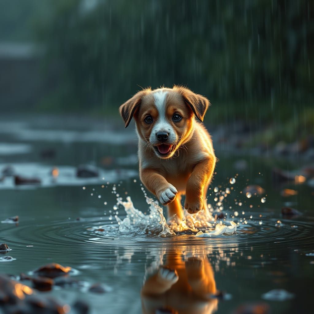 Puppy Enjoys Warm Raindrops in Vibrant Fantasy Landscape