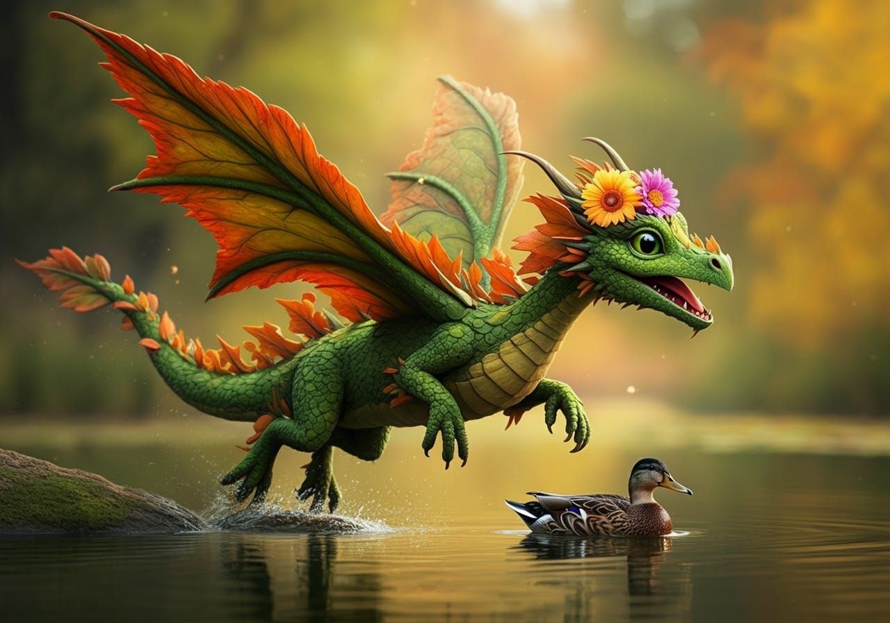 Leafy Dragon Chasing Duck in Autumn Landscape