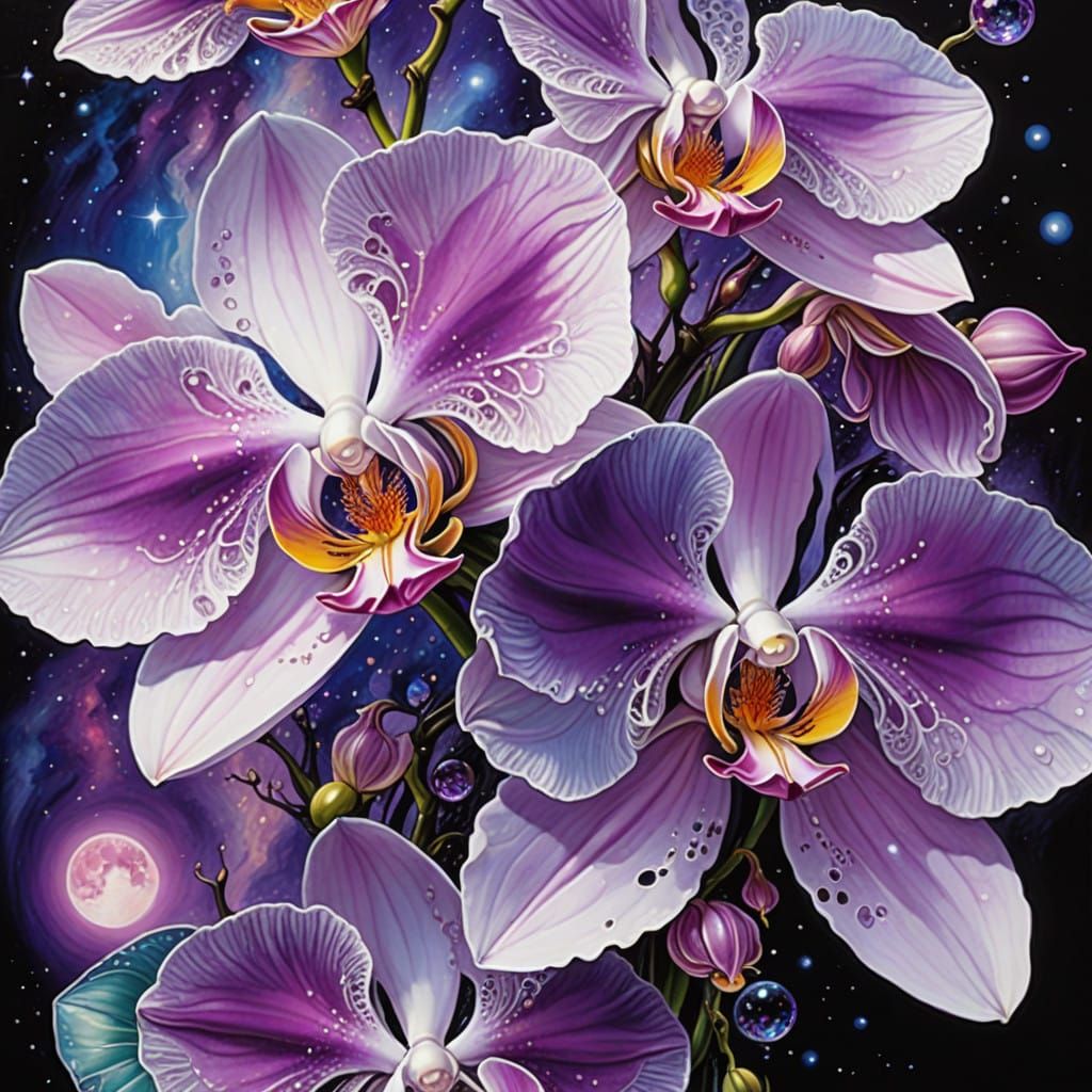 Surreal Dreamscape of White Orchids and Shimmering Planets
